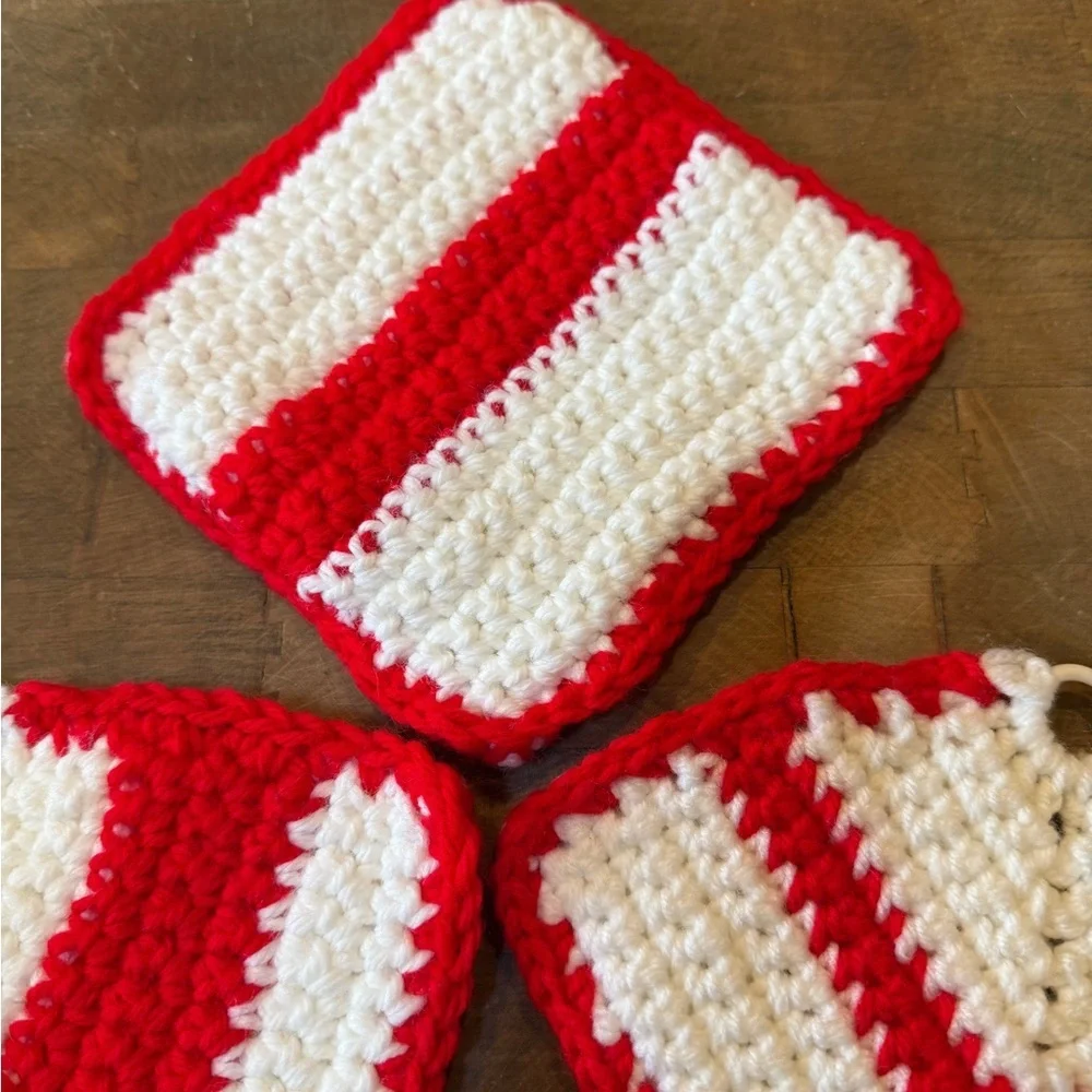 Handmade Red & White Crochet Pot Holders - Set of 3